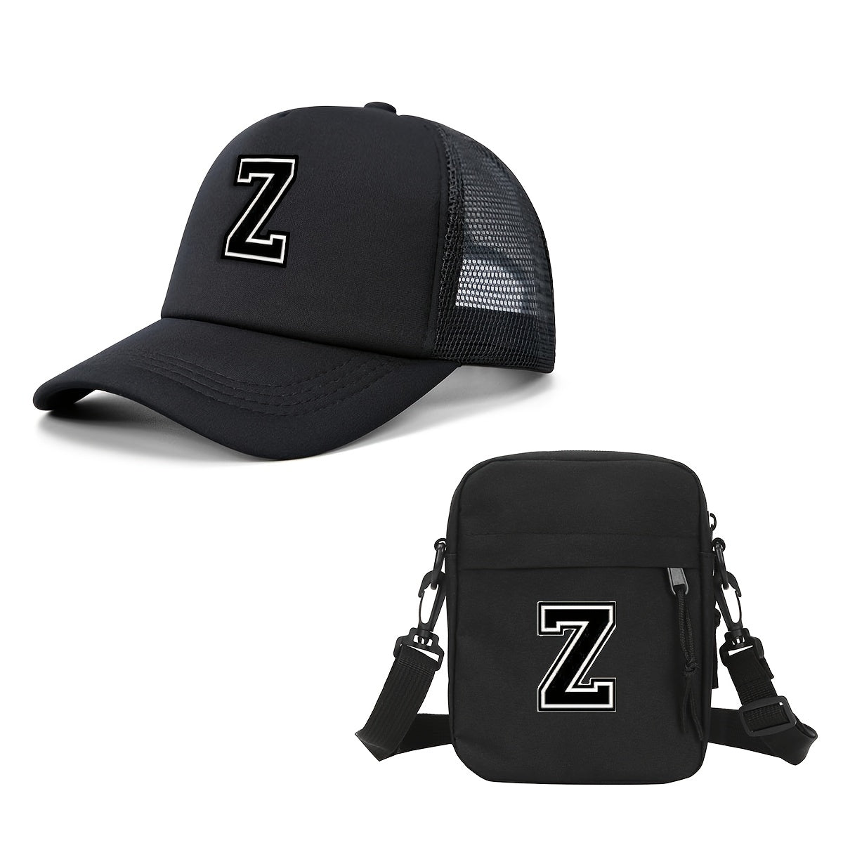 2pcs Men'S And Women'S 26-Letter Printed Trucker Hat & Bag Set, Mesh Breathable Versatile Casual Sun Hat, Suitable for Holiday Vacation, Mountain Climbing, Camping, Outdoor Street And Other Scenes, Suitable As a Birthday, Hol