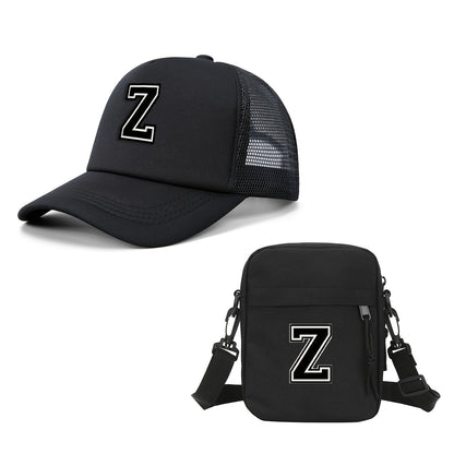 2pcs Men'S And Women'S 26-Letter Printed Trucker Hat & Bag Set, Mesh Breathable Versatile Casual Sun Hat, Suitable for Holiday Vacation, Mountain Climbing, Camping, Outdoor Street And Other Scenes, Suitable As a Birthday, Hol