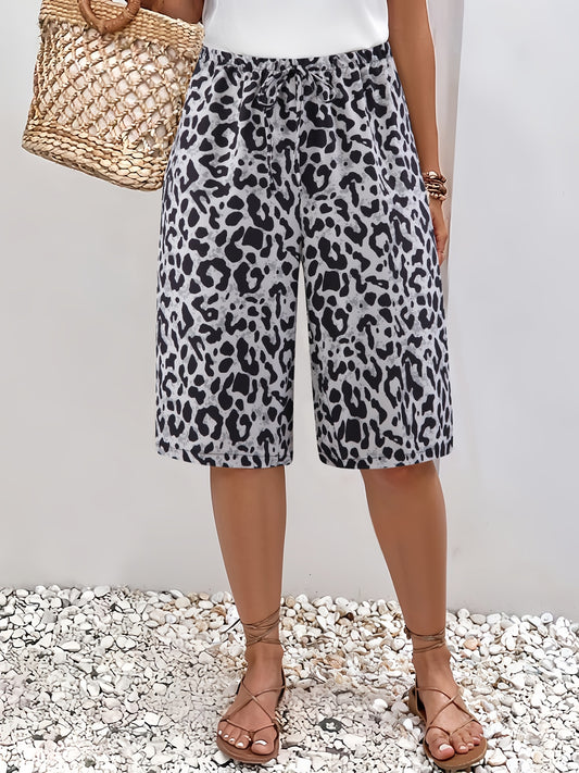 Women's Plus Size Leopard Print Wide-Leg Beach Shorts - Casual Vacation Style, High-Rise with Faux Drawstring, Lightweight Polyester, Black & Gray Animal Pattern, Perfect for Summer Outings, Beachwear Shorts | Tropical Vacati