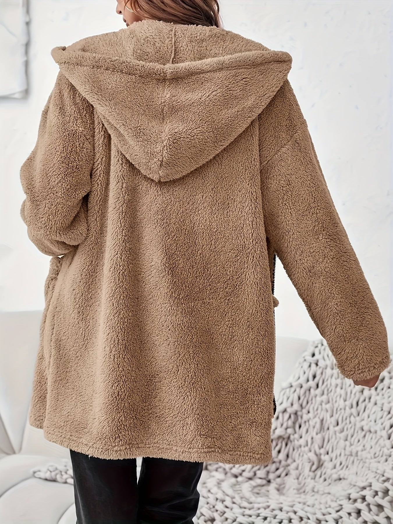 Women's Winter Elegant Solid Color Zipper Patch Pocket Long Sleeve Plush Hooded Coat
