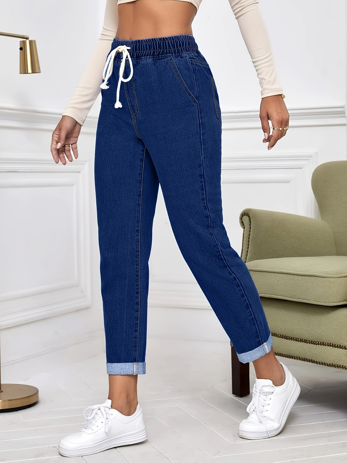 Women's Stretch Denim Tapered Jeans with Elastic Waistband & Rolled Cuffs - Light Wash, Mid-Rise, Versatile Casual Style for Spring/Summer/Fall, Casual Denim Wear | Modern Tapered Jeans | Smooth Texture Jeans