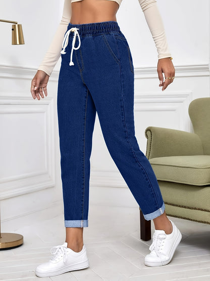Women's Stretch Denim Tapered Jeans with Elastic Waistband & Rolled Cuffs - Light Wash, Mid-Rise, Versatile Casual Style for Spring/Summer/Fall, Casual Denim Wear | Modern Tapered Jeans | Smooth Texture Jeans