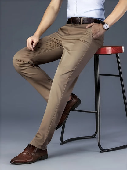 Men's Classic Business Dress Pants, Solid Color Casual Trousers, 100% Polyester, Regular Fit, with Zipper Fly, for Daily Wear and Gifting, All-Season, Allseason Trousers | Notch Lapel Design | Polyester Trousers