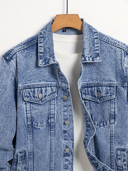 Men's Denim Jacket, Turn-Down Collar, Regular Fit Classic Design Denim Coat For Spring & Autumn