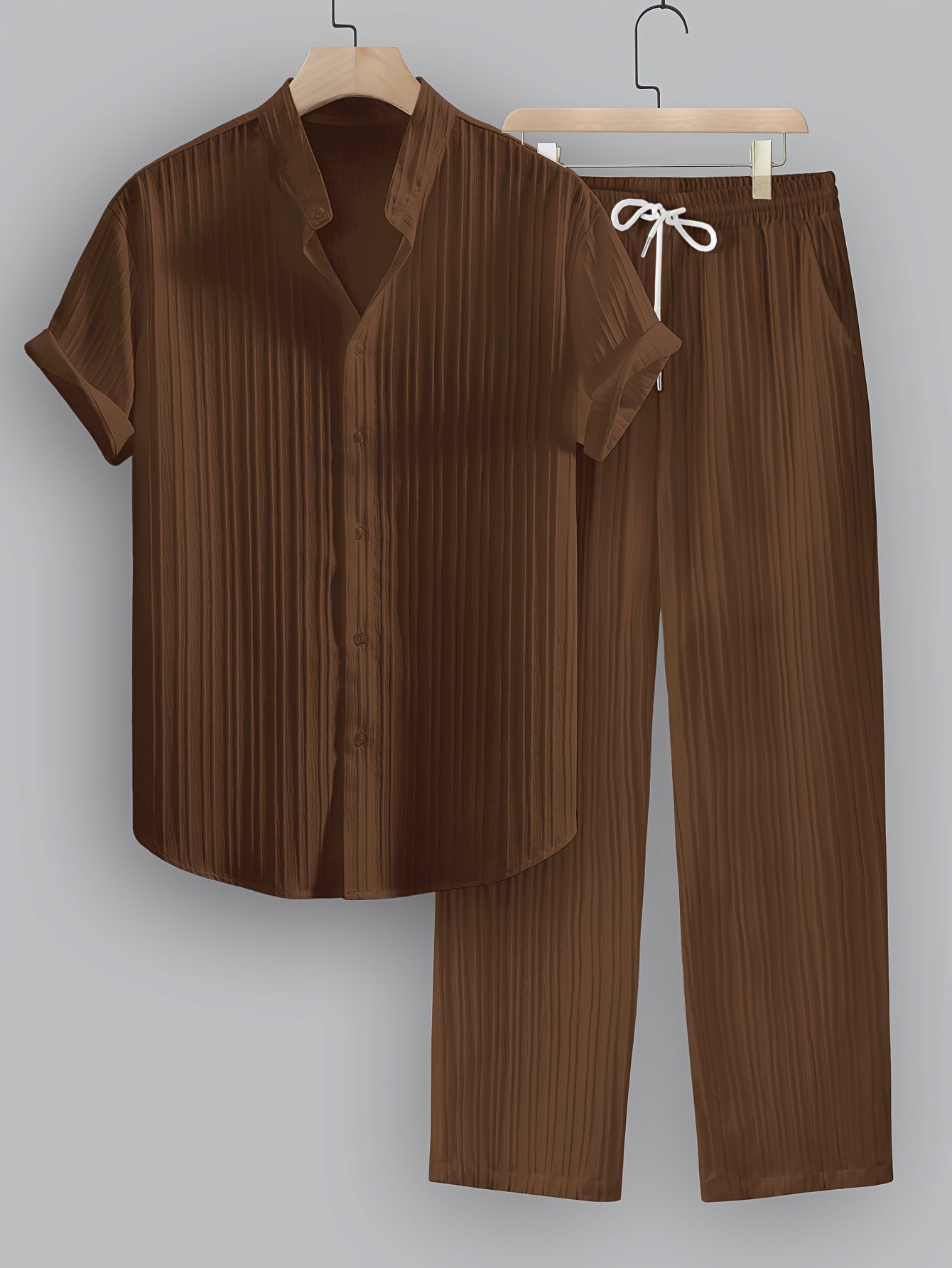 2pcs Men's Summer Casual Striped Polyester Outfit Set, Short Sleeve Stand Collar Shirt and Drawstring Pants, Non-Stretch Woven Fabric, Regular Fit for Daily Wear and Beach Vacation, Plain Color, Beach Vacation