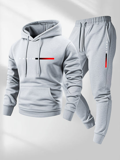 Men's Hoodie and Drawstring Sweatpants Set with PARIS Letter Print
