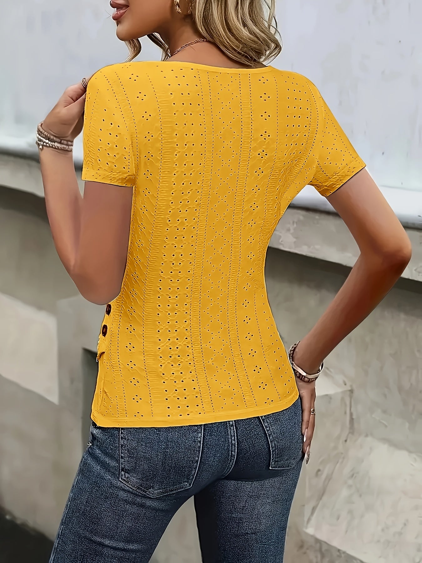 Women's Elegant Deep V-Neck Short-Sleeve Shirt with Cut-Out Details and Button Accents, Breathable Polyester Spring/Summer Top, Perfect for Casual or Formal Wear, Nian Nian Women's Shirts