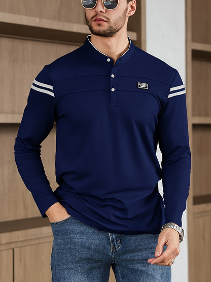 Men'S Casual Long Sleeve T-Shirt - Solid Color with Stand Collar & Stripe Polo, Button-Up Front, Ideal for Outdoor Activities