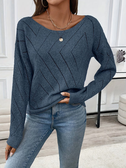Women'S Acrylic Knit Pullover Sweater, Drop Shoulder Long Sleeve, Solid Color, Medium Stretch, Regular Fit, with Boat Neck Collar for Spring/Fall