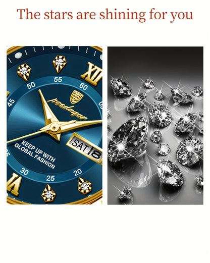 POEDAGAR Elegant Stainless Steel Quartz Watch for Women, Luminous Calendar, Round Alloy Case, Trendy Korean Style, Non-Rechargeable Battery, Watch Accessories