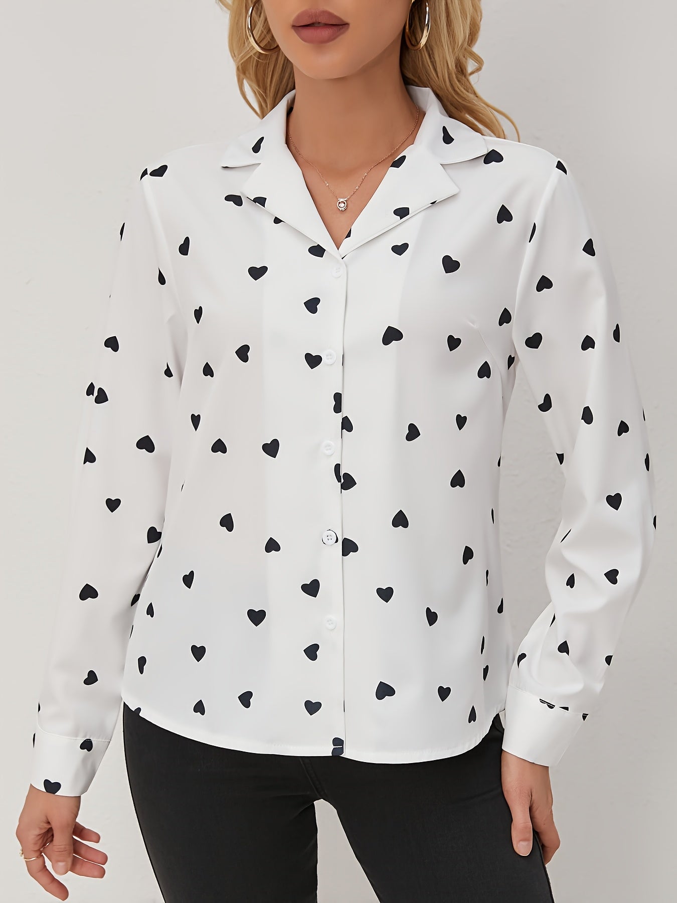 Elegant Women's Heart Pattern Long Sleeve Button-Up Shirt - Semi-Sheer, Polyester, Machine Washable - Perfect for Spring/Fall
