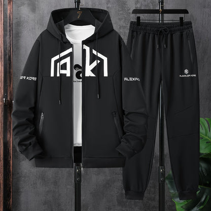Men's AK Letter Print Long Sleeves Hoodies With Zipper Detail & Long Pants Two-piece Set, Slight Stretch Comfortable Clothing For Spring And Autumn