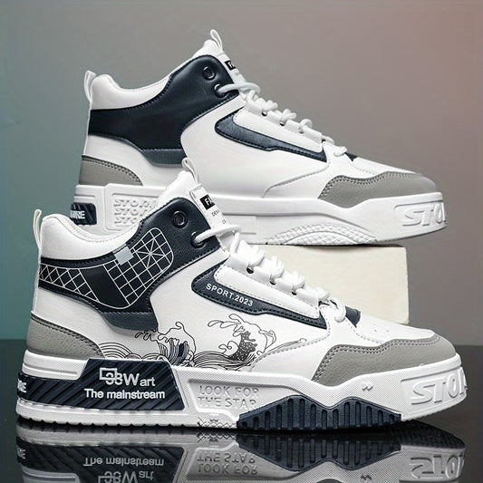 Men's High-Top Skate Sneakers - Comfortable, Non-Slip Casual Shoes for Outdoor Walking & Jogging, Stylish Striped/Solid Design, Lace-Up, All Seasons