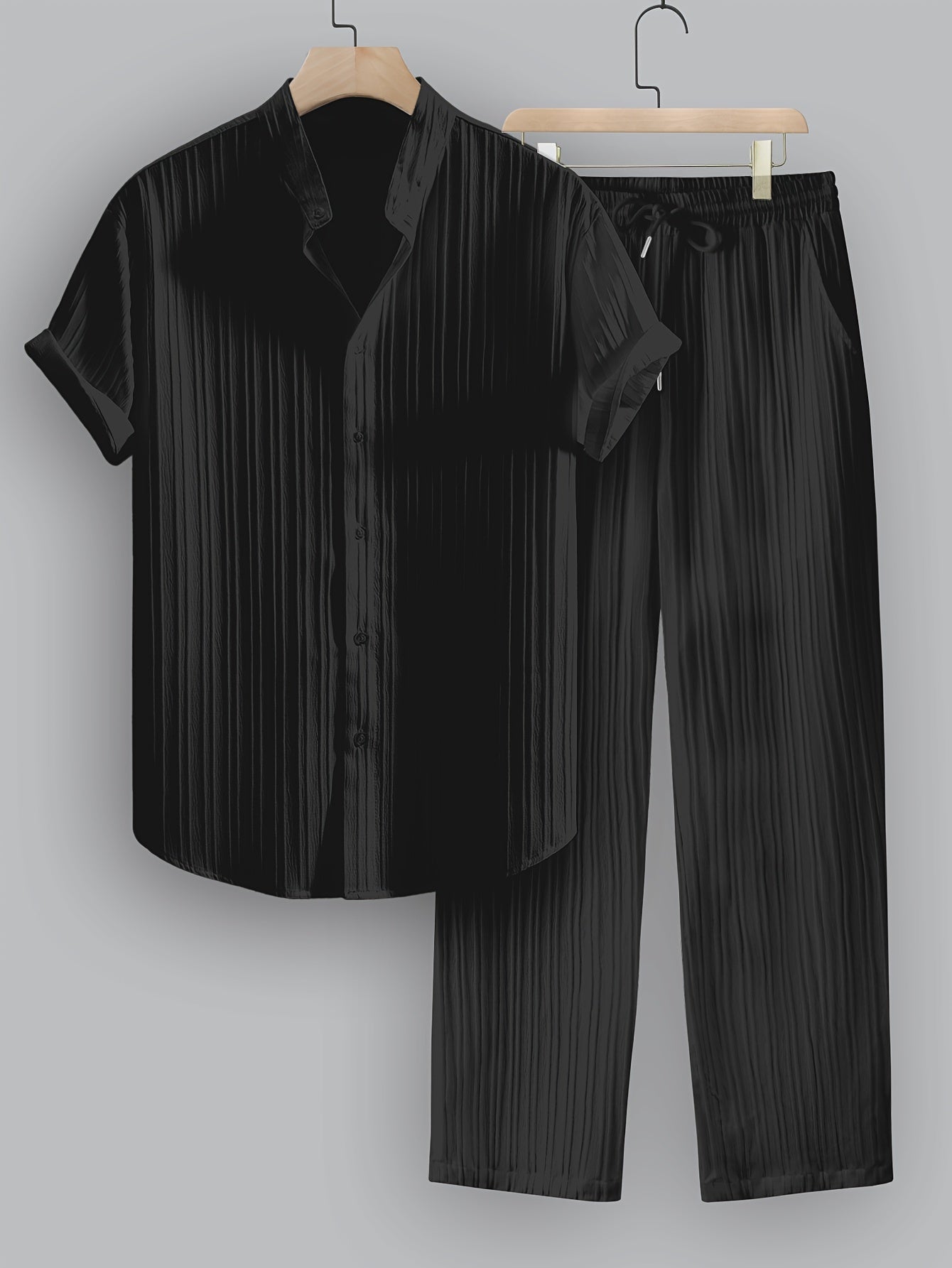 2pcs Men's Summer Casual Striped Polyester Outfit Set, Short Sleeve Stand Collar Shirt and Drawstring Pants, Non-Stretch Woven Fabric, Regular Fit for Daily Wear and Beach Vacation, Plain Color, Beach Vacation