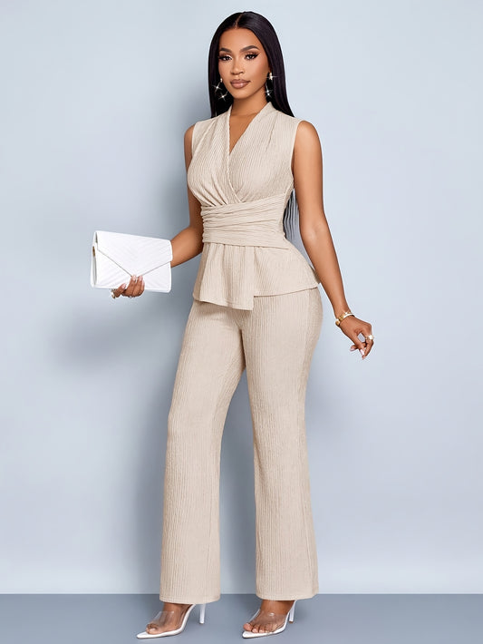 Women'S Elegant Beige V-Neck Sleeveless Top + Wide-Leg Pants Two-Piece Set, Asymmetrical Hem Two-Piece Casual Attire for Women, Spring And Summer Sleeveless Short Shirt Outfit, Office Wear for Mature Women, Business Casual St