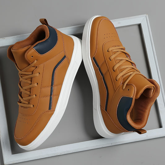 Men'S Vintage Casual Fashion Sneakers, All-Season High-Top Lace-Up Shoes, Solid Color, Faux Upper, Fabric Inner, EVA Sole, Round Toe, Fleece-Lined Option Available for Daily & Outdoor Use
