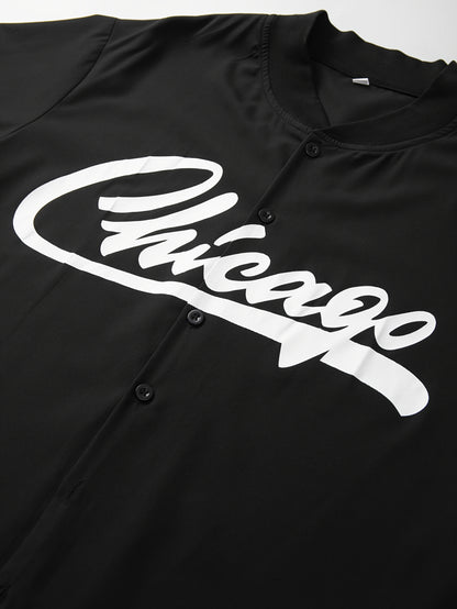 Men's Chicago Letter Print Casual Short Sleeve Baseball Shirt with Printed Webbing + Drawstring Shorts Two-Piece Set