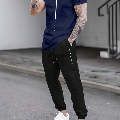 1set Men'S Casual Sportswear Set, Geometric Pattern Short Sleeve T-Shirt and Drawstring Joggers, Knitted Polyester and Elastane Blend, Round Neck, Regular Fit, Four Seasons Outfit