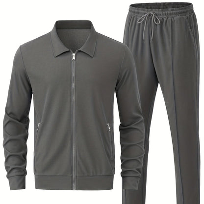 Men's Solid Waffle 2pcs Athletic Outfits, Zip-up Jacket & Pants co ord set for Outdoor Sports
