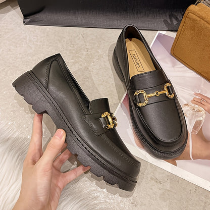 Women's Summer Fashion Loafers - Slip-On Platform Shoes with Metallic Buckle Decor, Round Toe, Cream/Black/Brown, Thick Sole TPU Material for Casual Outdoor Wear