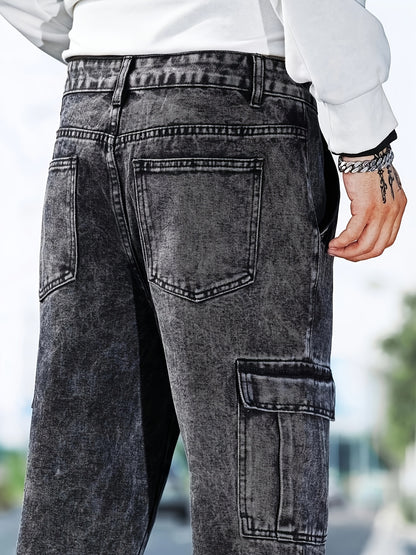 Men's Multi-Pocket Cargo Jeans - Casual Loose Fit Denim with Flap Pockets, Durable Cotton Blend, Ideal for All Seasons, Casual Wear Pants | Classic Blue Jeans | Cotton Blend Jeans