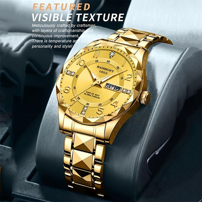 1 New BANBONY Brand Unisex Stainless Steel Quartz Watch with HD Scratch-Resistant Rhinestone-Embellished Simple Digital Round Dial, Luminous Display Date Calendar Battery-Powered Multifunctional Fully Automatic Wristwatch for