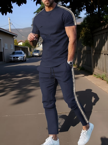 Cross-Border New Summer 2pcs Short-Sleeved T-Shirt And Long Pants Casual Men'S Casual Outdoor Sports Suit, Side Stripe Casual And Fashionable Men'S 2pcs Set