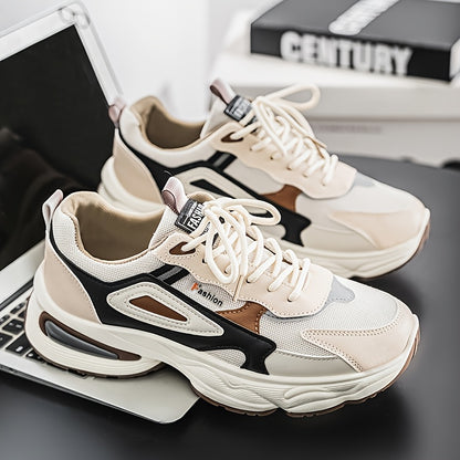 Men's Fashion Sneakers - White/Black/Brown PU Upper, Breathable Fabric Lining & Cushioned EVA Insole, Durable PVC Sole, Lace-Up Mid-Top Design for All-Season Casual & Daily Wear, High Top Sneakers, Versatile Footwear, Modern