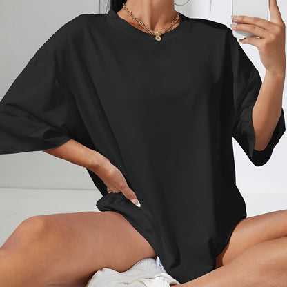 Y2K Retro American Casual Crew Neck T-Shirt, 100% Polyester Knit Fabric, Solid Color, Drop Shoulder Long Sleeve, Medium Stretch Pullover for Spring/Summer/Fall - Fashionable Loose Fit Tee