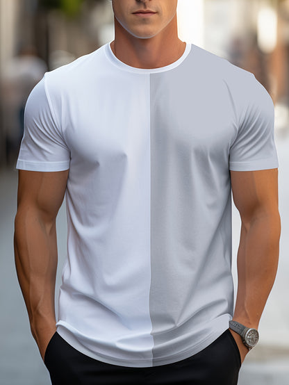 Men'S Fashion Casual Crew Neck Short Sleeve T-Shirt, Polyester Blend, Slight Stretch, Solid Color, Summer, Regular Fit, Knit Fabric, 180g/m², with Embellished Graphic for Adult