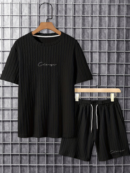 Men'S Casual Polyester Crew Neck Embroidered Alphabet Pattern Slight Stretch Knit Fabric Regular Fit Lash Sets for Spring