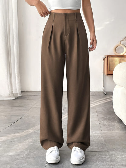 Women's Casual Wide-Leg Pants with High Waist and Slight Flare - Solid Color, Polyester, Machine Washable