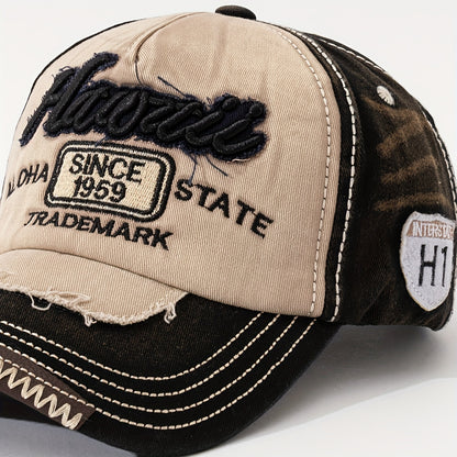 HAWAII Vintage Distressed Baseball Cap - Adjustable Lightweight Unisex Hat with 3D Embroidered Aloha Text, Dual-Tone Beige & Brown, Breathable Design for Men & Women, Daily Use & Vacation, Hawaiian Accessories, Casual Headwea
