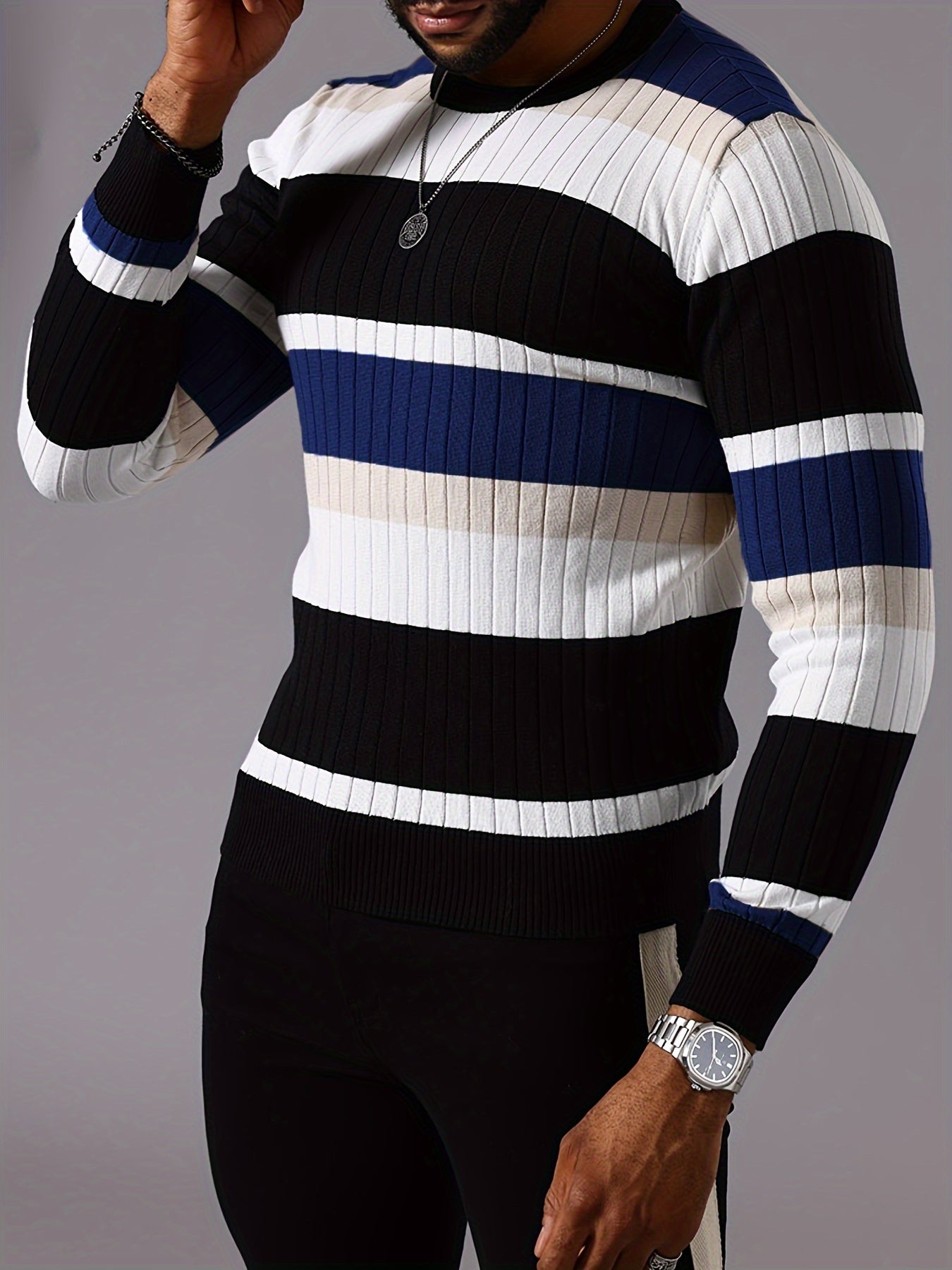 Men's Striped Color-Block Ribbed Knit Sweater - Long Sleeve Round Neck Pullover with Elastic Comfort Fit, Machine Washable Casual Fall Winter Top in Black/White/Green/Beige, Knit Sweater, Medium Elasticity