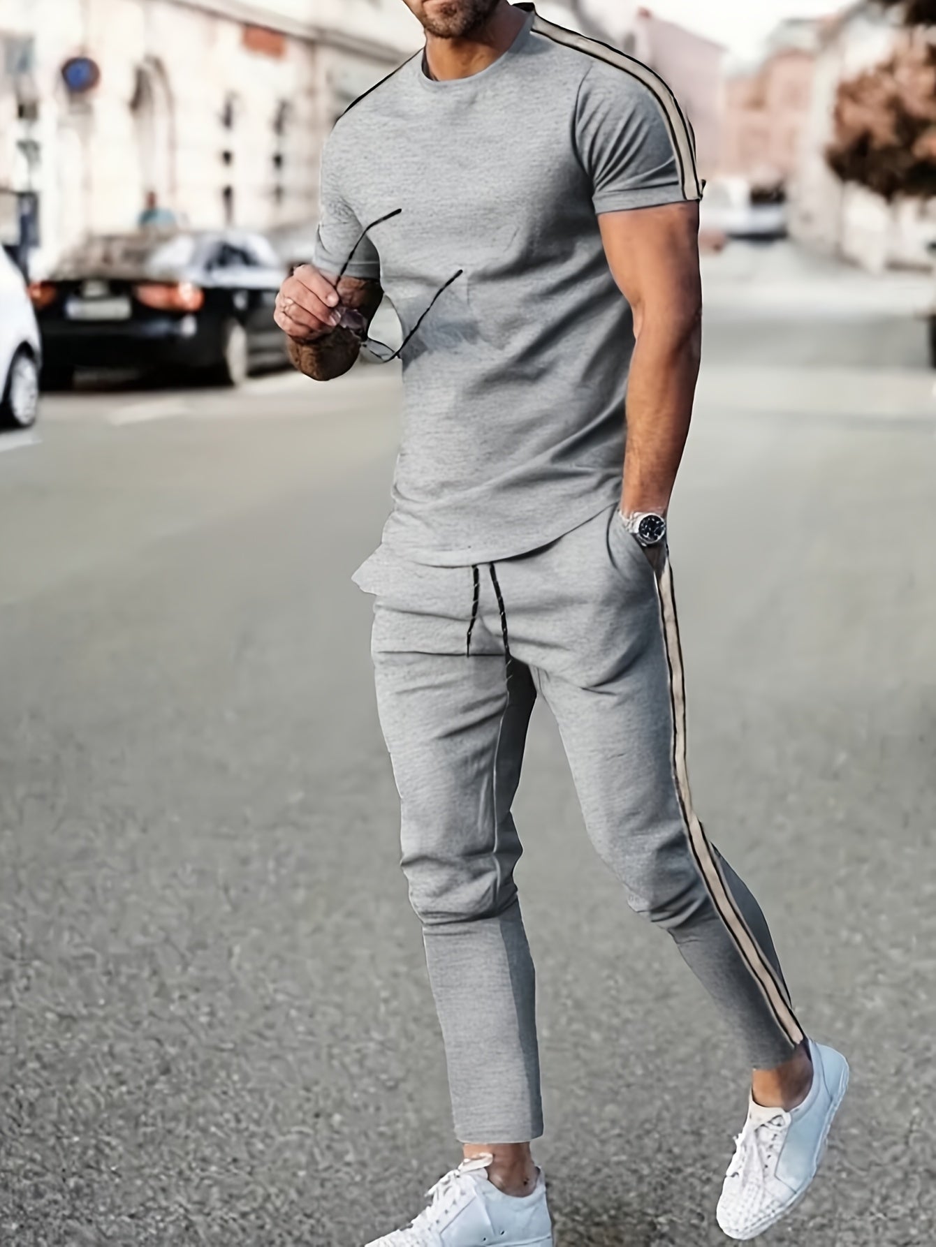 Cross-Border New Summer 2pcs Short-Sleeved T-Shirt And Long Pants Casual Men'S Casual Outdoor Sports Suit, Side Stripe Casual And Fashionable Men'S 2pcs Set