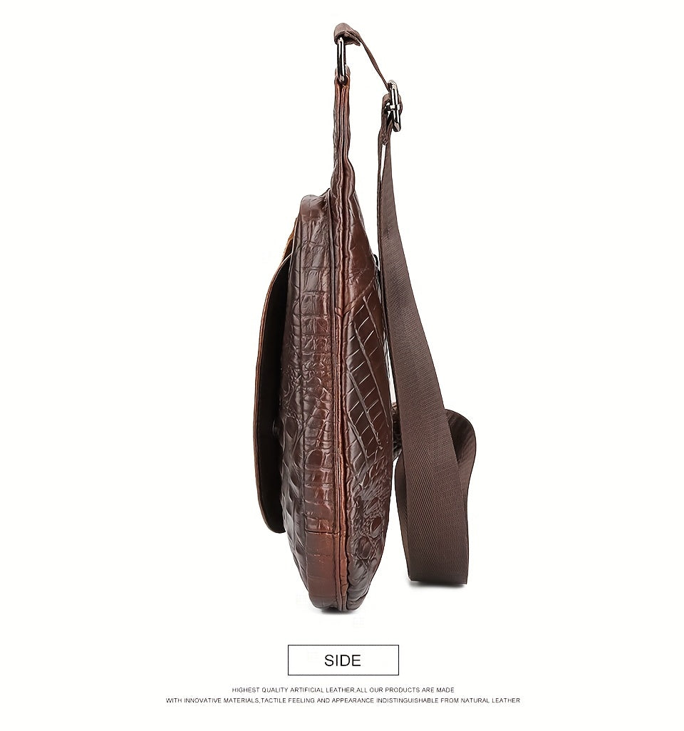 HUMERPAUL Men'S Casual Brown Leather Crossbody Bag with Alligator Print - Adjustable Strap, Multi-Compartment, Everyday Commute Shoulder Bag, Everyday Bag | Casual Style Bag | Adjustable Strap Bag