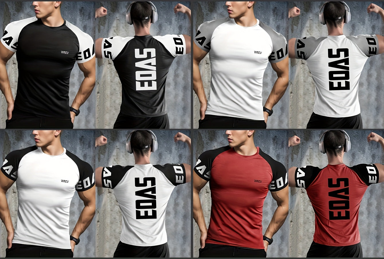Men's Quick-Dry Breathable Mesh Sports T-Shirt - Summer Gym Workout Top with Contrast Black & White Sleeves & for Man Letter Print, Slim Fit for Running Training Casual Wear, Breathable Running Gear | Sporty Casual Tee | Mesh