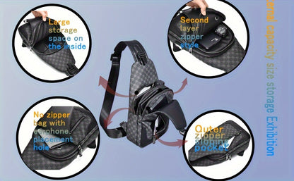 HUABUPS Men'S Crossbody Backpack - Black PVC Business Commuter Bag with USB Charging, Adjustable Strap, Multiple Compartments & Durable Design for Travel, Hiking, Daily Use - Ideal Gift for Men, Hiking Gear, Stylish Accessory