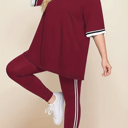 Women'S Plus Size Casual Lounge Set - Gray & White Striped Oversized T-Shirt with Matching Joggers, Comfortable All-Season Home Outfit, Joggers for Women
