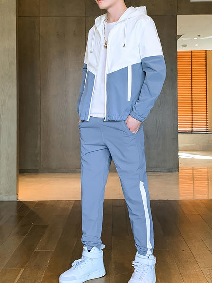 Men'S Casual Color Block Hoodie and Jogger Set, Long Sleeve, Regular Fit with Pockets, Suitable for Autumn and Winter
