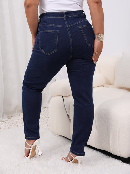 Plus Size Casual Jeans, Women's Plus Solid Button Fly High Rise High Stretch Jeans