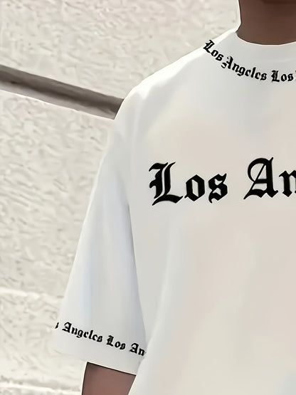 Men'S Los Angeles Graphic Print Casual Sportswear Set - Breathable Summer Short Sleeve T-Shirt & Drawstring Shorts with Pockets, Regular Fit, Crew Neck, Comfortable & Stylish for Casual Attire, Leisure Clothing | Trendy Sport