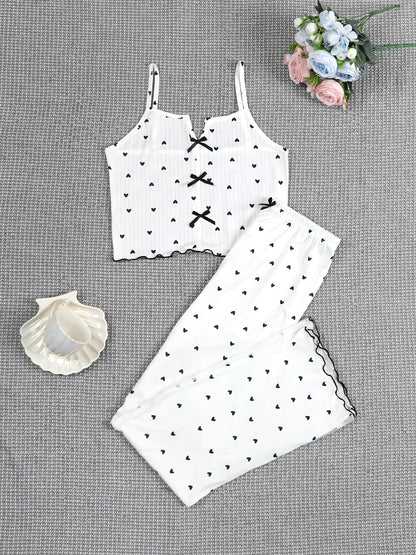 Women'S Pajama Set with Sexy Bow, Backless Love Letter Print & Elegant Long Pants, Comfortable Homewear for Spring/Summer/Fall - Polyester, No Collar, No Belt