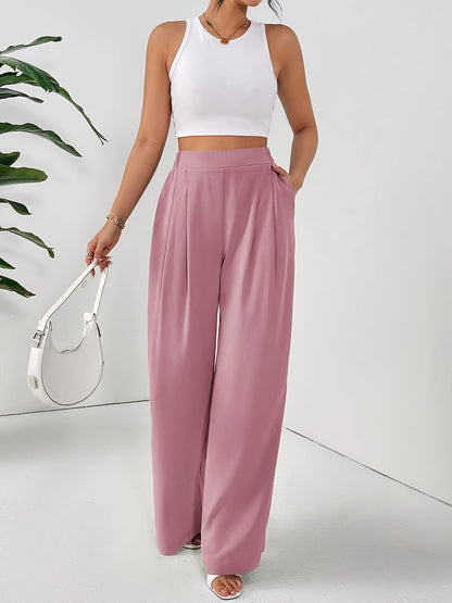 Women'S Elegant Wide Leg Pants - Beige Loose Fit with Elastic Waist, Comfortable Polyester Fabric for Spring/Summer Vacations, Casual Chic Style
