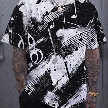 OBM Men's Casual Short Sleeve T-Shirt - Music Note & Splatter Print Design, 100% Polyester, Breathable Summer Tee, Regular Fit, Machine Washable, Musicthemed Apparel, Smooth Texture Fabric