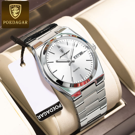 POEDAGAR Luxury Quartz Men'S Wristwatch - Luminous Date & Week Display, Stainless Steel Band, Water-Resistant (IPX8), Ideal Gift for Business Professionals