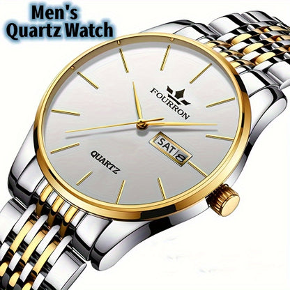 FOURRON Men's Luxury Stainless Steel Quartz Watch with Date & Calendar - Luminous, Fashionable Casual Design for Business, Travel & Casual Attire - Perfect Birthday Or Holiday Gift Valentine's Day