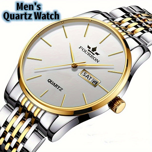 FOURRON Men's Luxury Stainless Steel Quartz Watch with Date & Calendar - Luminous, Fashionable Casual Design for Business, Travel & Casual Attire - Perfect Birthday Or Holiday Gift Valentine's Day
