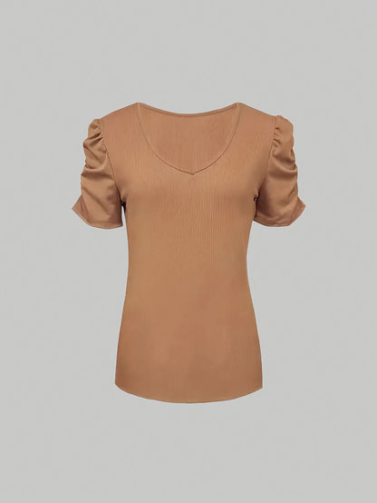 Women'S Stretchy V-Neck Ribbed Crop Top - Beige Casual Summer Blouse with Puff Sleeves, High Waist White Pants & Golden Belt, Stylish Layering Piece, Crop Top Blouse