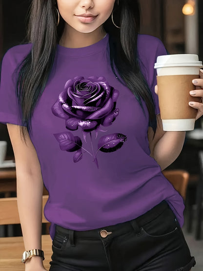 The Black Roseprint t-shirt, short sleeve crew neck casual top for summer & spring, Women's clothing gift